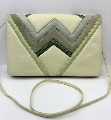 Judith Lieber Vintage Leather Purse Clutch Green Snakeskin Geometric Crossbody - Image 1 of 4