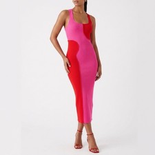 Naked Wardrobe Pink Red Colorblock Ribbed Racerback Midi Dress Womens L
