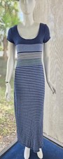 Max Studio Long Maxi Short Sleeve Soft Stretch Dress  Blue Stripe Women's Small
