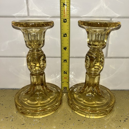 Fostoria Hermitage Topaz Yellow Gold Pillar Candlesticks 6” Wide Base Reversible - Picture 2 of 10