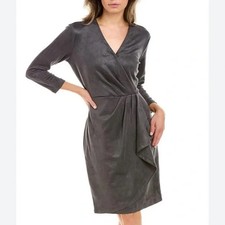 J McLaughlin Dress Womens Small Gray Faux Suede Wrap Sheath 3/4 Sleeve