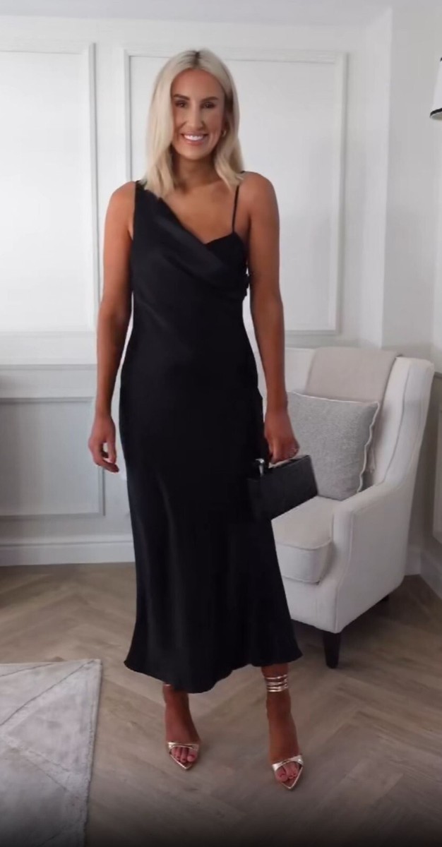 Zara Satin Lace Slip Long Maxi Dress V-Neck Black Size S M L