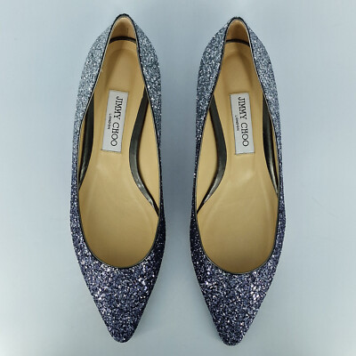 Jimmy Choo ''Romy Flat'' Flache Spitze Schuhe aus grobem Glitzergewebe in Größe 40