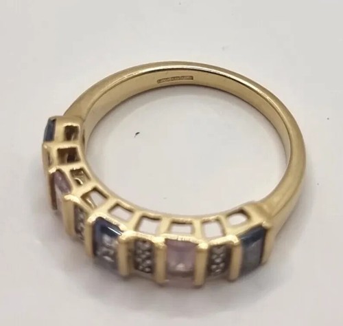 9ct Yellow Gold Multi-Gemstone Ring Blue & Pink Topaz & Diamonds Ring Size O 1/2 - Picture 9 of 11
