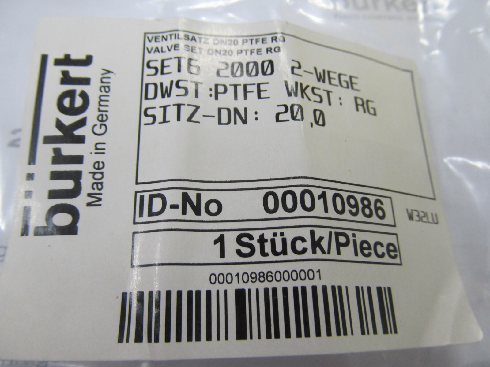 Burkert Valve Actuator Rebuild Kit, DN 20, PTFE, SET62000, 00010986