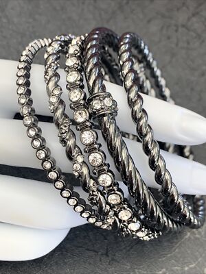 Vintage gunmetal gray a lot of five Matching rhinestone Bangle bracelet BoHo