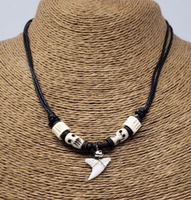 Fossil Shark Tooth Pendant Surfer Necklace for Men | Wood Beads