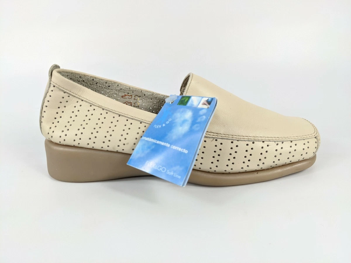 Flex Go Cream Leather Slip On Shoes Uk 2.5 Eu 35 New