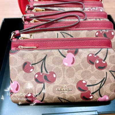 NWT Coach Double Zip Wallet In Signature Canvas With Cherry Print