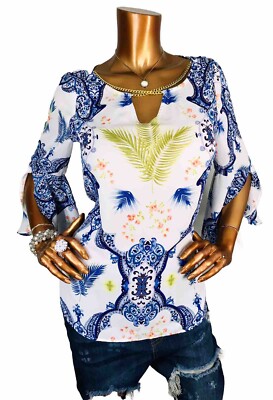 Bold Elements M Top Floral Multi Print Golden Chain Blouse 3/4 Bell Slvs Low Cut