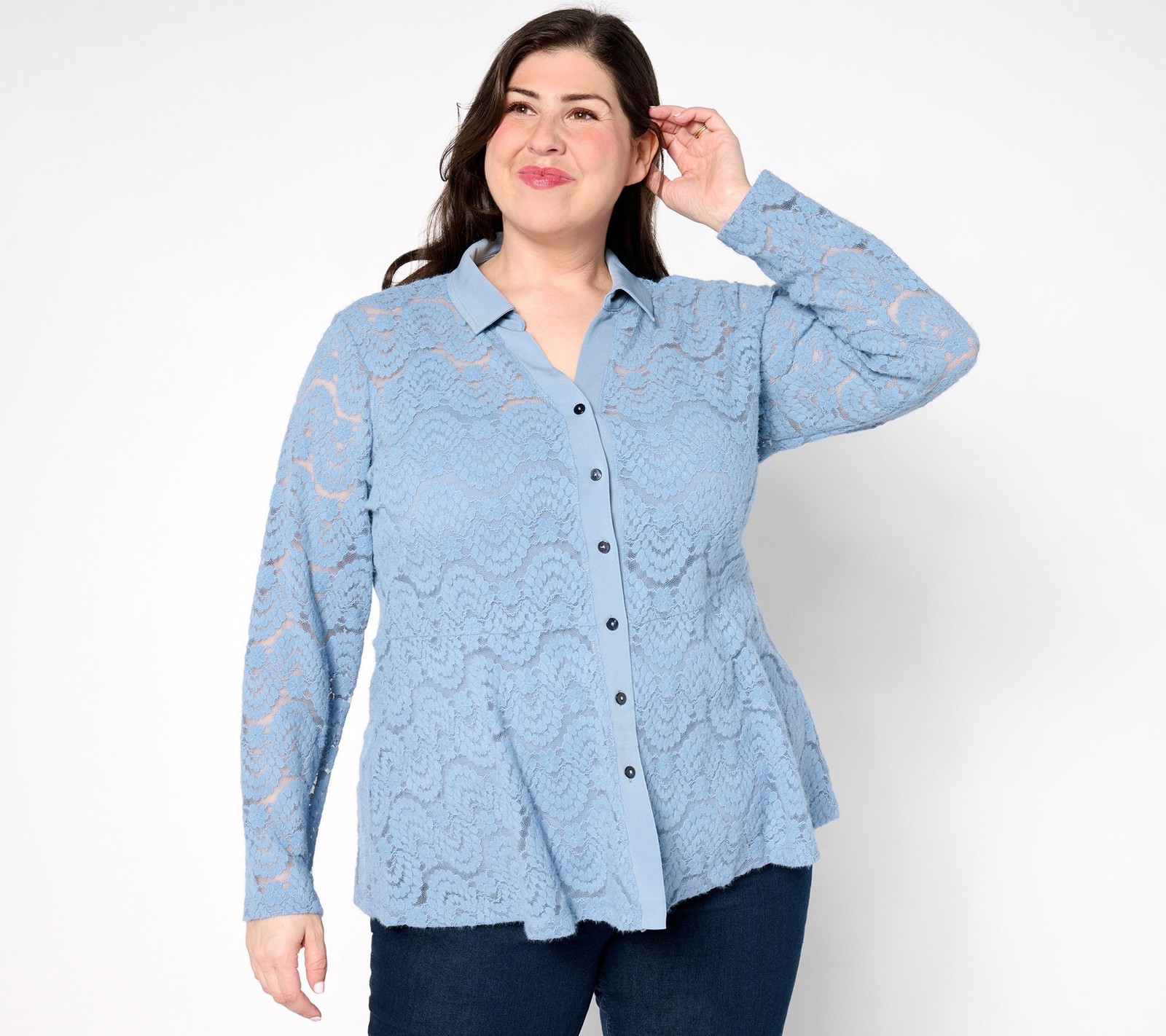 Susan Graver Women's Top Sz XL Occasions Brushed Lace Button-Front & Gray
