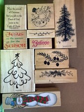 Christmas Rubber Stamp Set 10pc Lot Wood Wooden Greetings Dove Poinsettia Snow