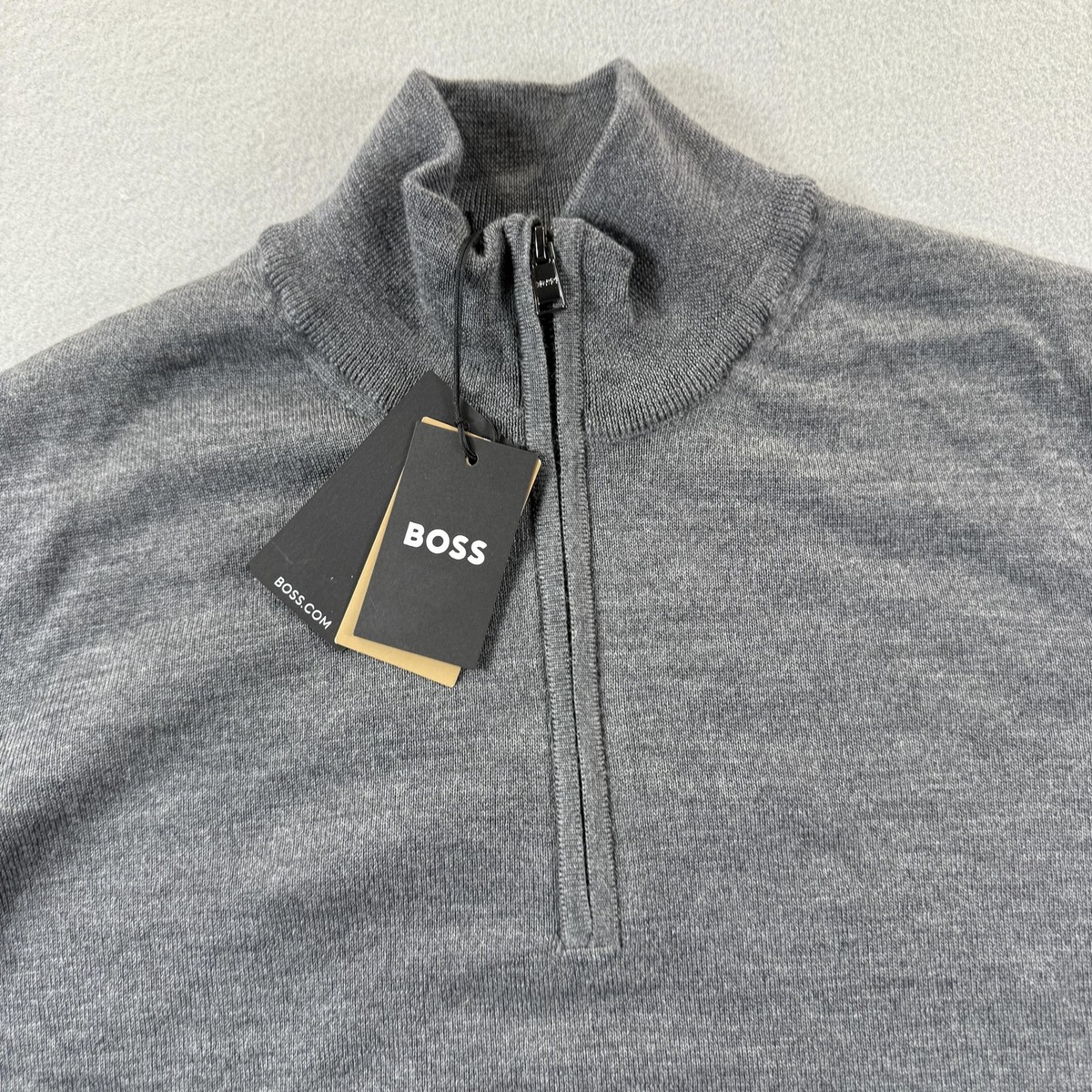 Boss Sweater Mens Large Gray 1/4 Zip Mock Neck 100% Wool Knit Pullover New View 4