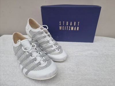 Stuart Weitzman Sneaker Damen UK 5,5 weiß Leder Schnürschuhe silber gestreift 