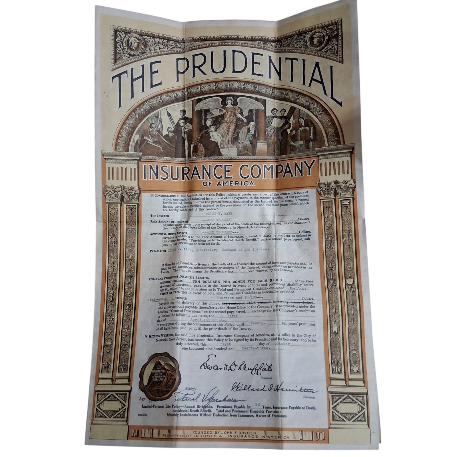 1923 Prudential Life Insurance Policy Certificate Antique Ornate Signed Original