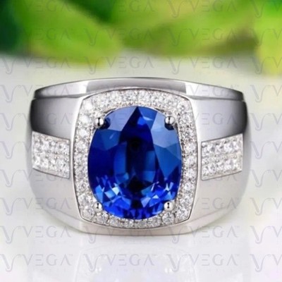 5.60Ct Oval Cut Natural Sapphire & Diamond Prong Men's Ring 950PT Solid Platinum