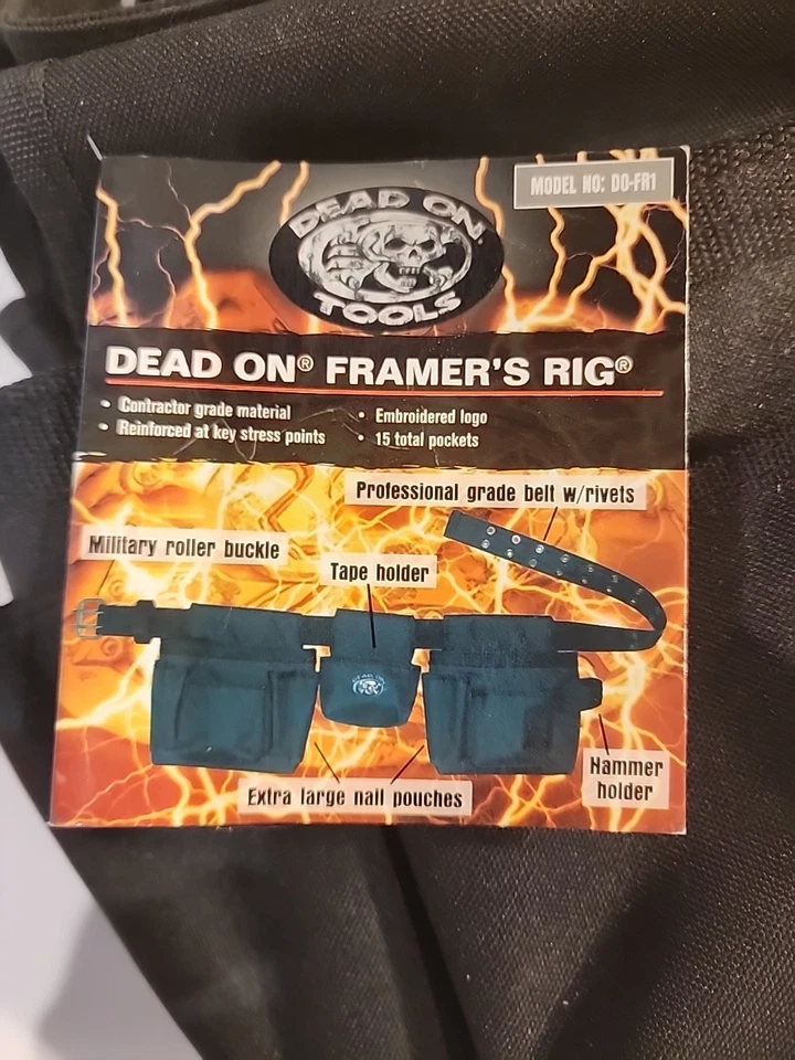  DEAD ON TOOLS Tool Belt Framers Rig 2 Nail Pouches, Hammer, Tape 2008 NOS - Image 2 of 4