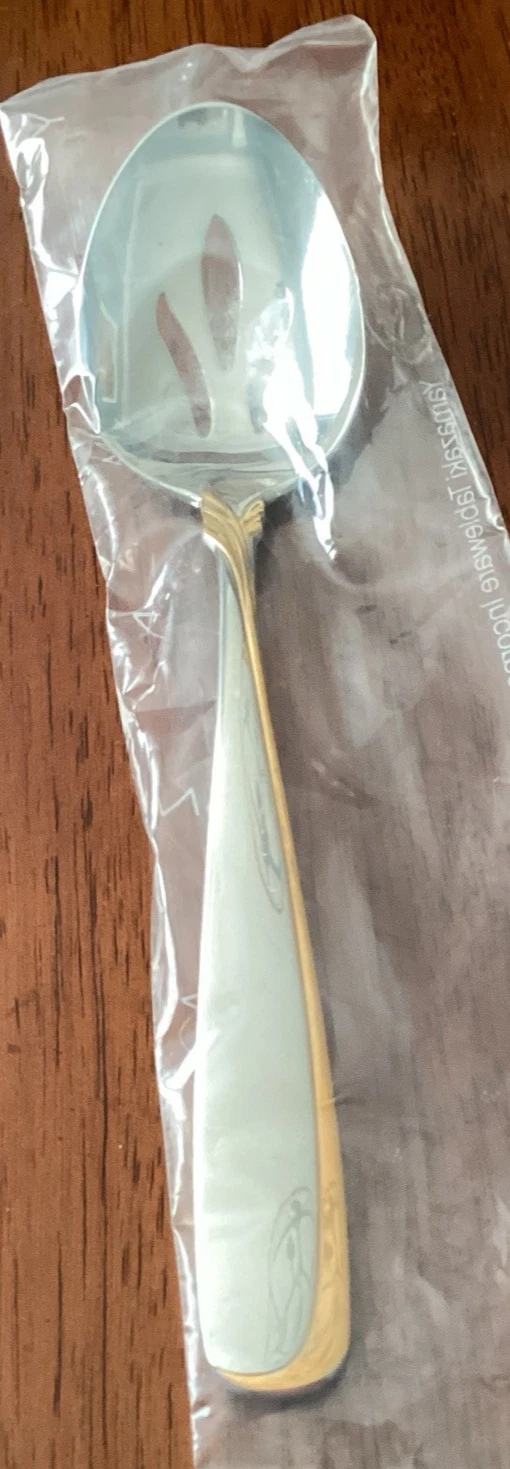 Yamazaki Stainless AFFAIR Gold Accent Pierced Serving Spoon Unused Flatware 8.5"