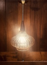Vintage 1960s Retro Mid-Century Glass, Brass, and Teak Ceiling Light