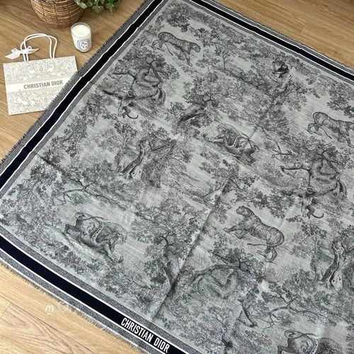 Foulard femme Christian Dior bleu ivoire sergé de Jouy châle laine soie coton