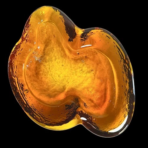 Vintage MCM Blenko Art Glass Amoeba Bowl Ashtray Amber Bubble Iconic Heavy