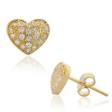 Sterling Silver Yellow Gold White Crystals CZ Love Heart-Shaped Stud Earrings