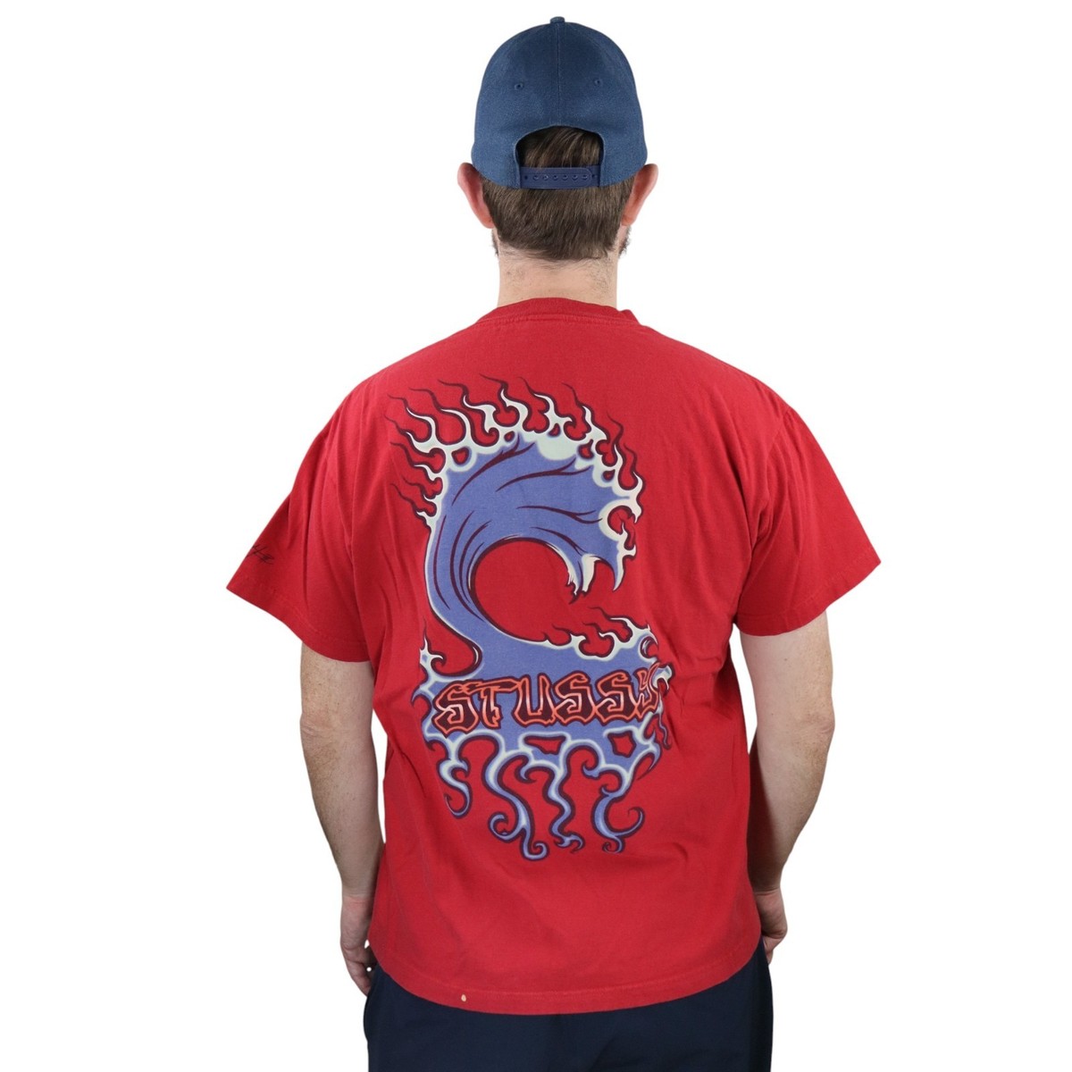 Vintage Stussy Inferno Wave Surfing Graphic T Shirt Mens L/M Red