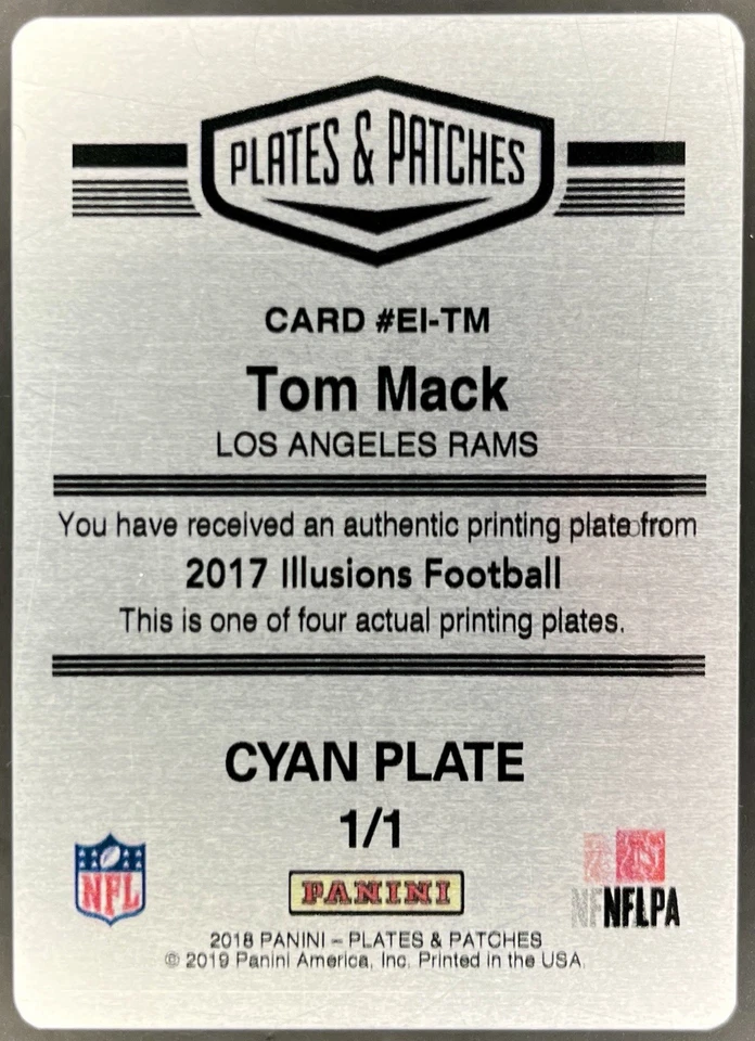 2018 Panini Plates and Patches Tom Mack Cyan Printing Plate 1/1 #EI-TM - Image 2 of 2