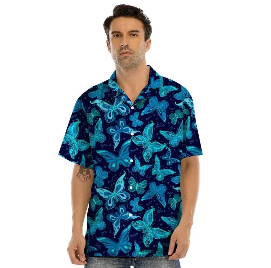 Blue Butterfly Print Men’s Hawaiian Shirt