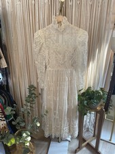 Cottagecore Vintage Wedding Dress Ivory Lace High Neck Ruffled Cuffs edwardian