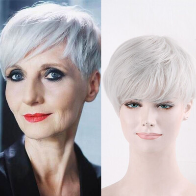 Pixie Cut White Fiber Wig With Bangs Fashion Party Heat Resistant Wig For Women 