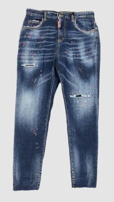 $820 Dsquared2 Women's Blue Splatter Distressed Twiggy Jeans Pants IT 52/ US 16