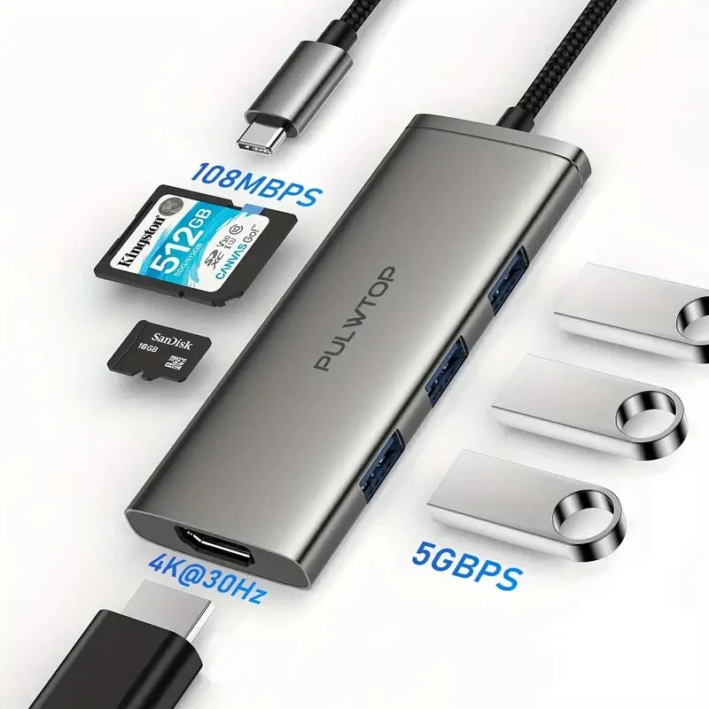 USB C Hub 6 In 1 USB Hub For MacBook Pro/Air, Docking Station With 4K HD