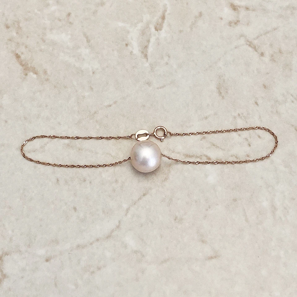 Brazalete de perlas rosas de oro rosa de 14K - Piedra de nacimiento de junio - Brazalete de perlas individuales Foto 4 de 4