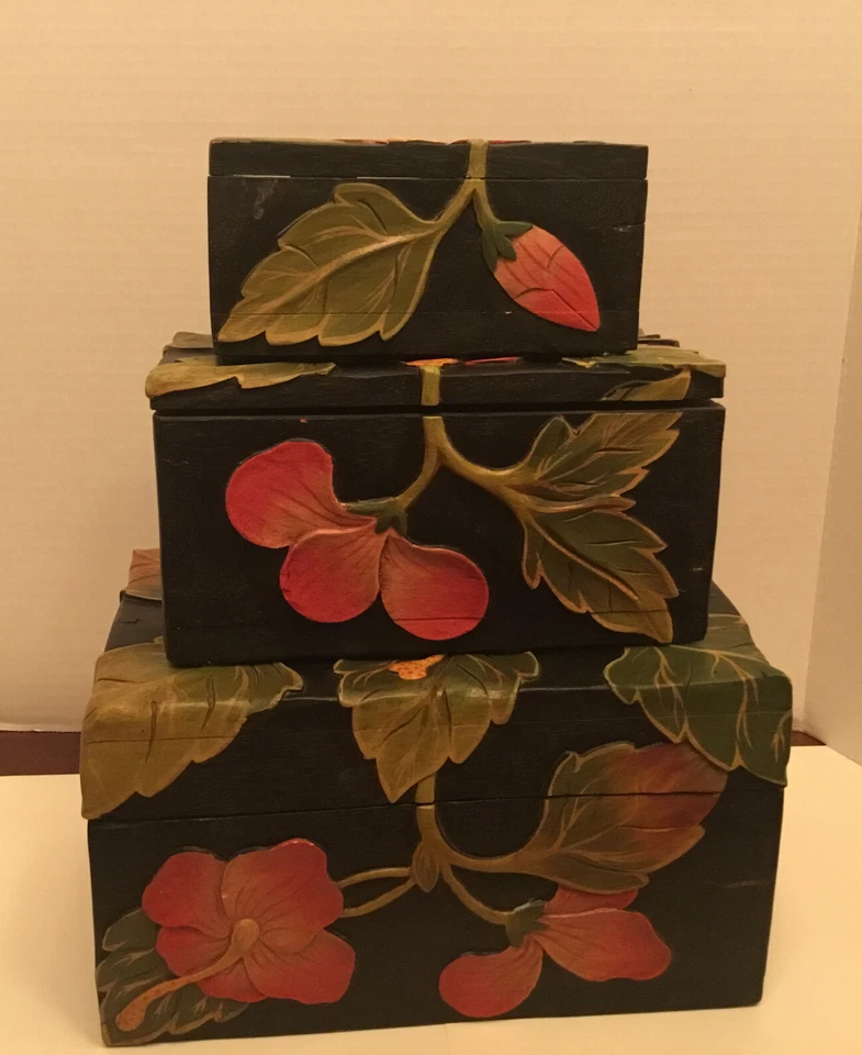 Wooden Handcrafted Nesting Boxes Floral Embossed With Hinged Lids - SET OF 3  - Image 2 of 4