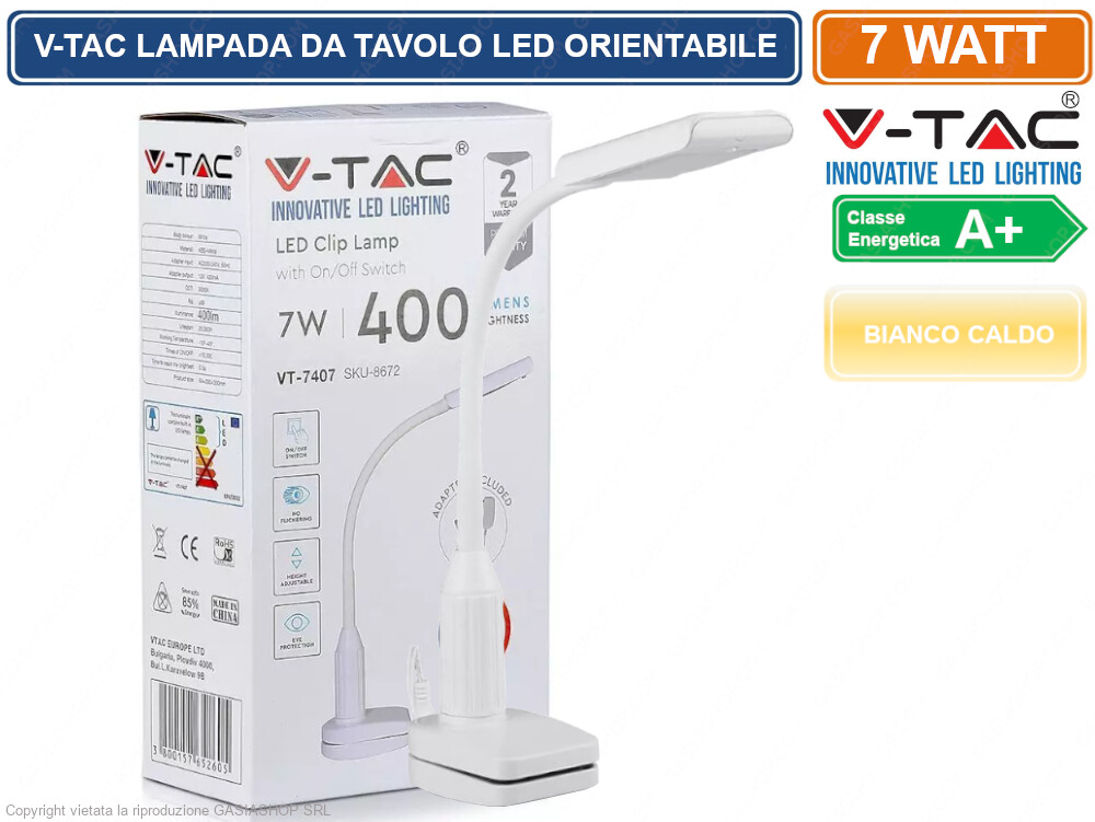 V-TAC VT-7407 Lampada Scrivania LED 7W | Clip-on Design Salva Spazio Bianco