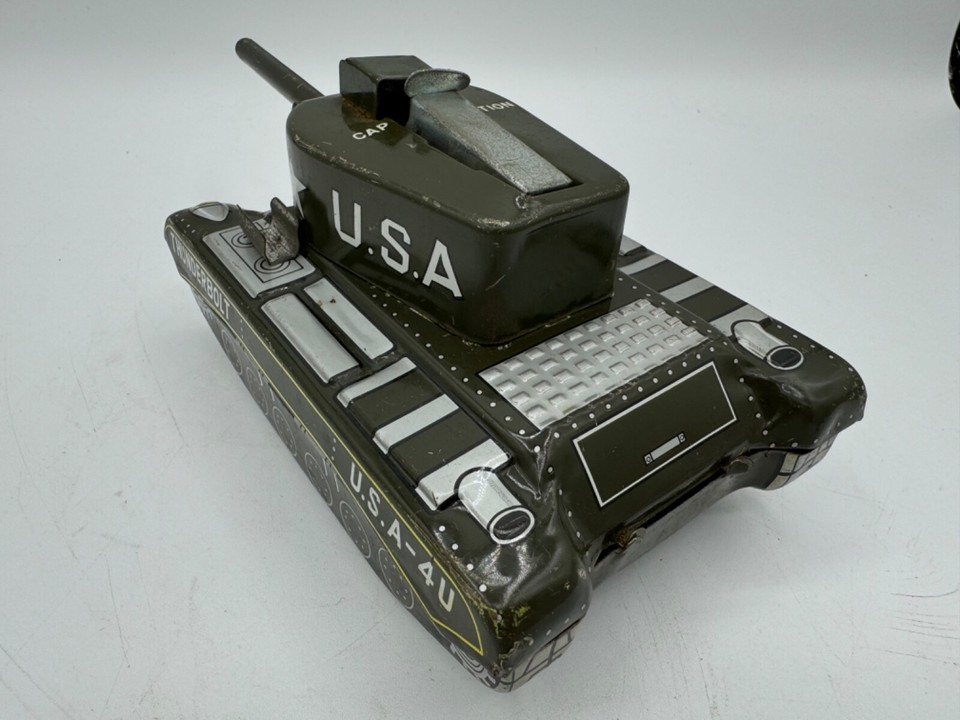 USA 4u Thunderbolt Tank Toy Vintage Pressed Tin 1950's Cap action