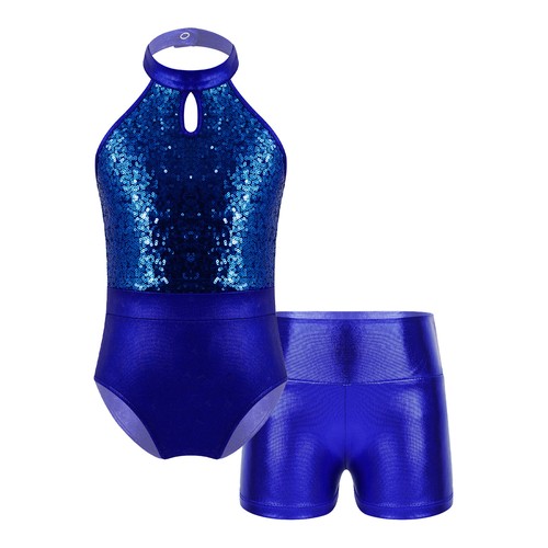 Leotard With Shorts Shiny Girl Dance Leotard Sparkly Bodysuit Ballet Jumpsuit - Picture 10 of 35