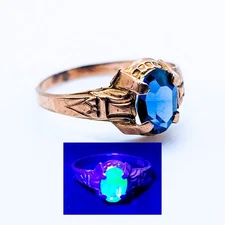 10k Art Deco Uranium Glass Ring Blue Oval Yellow Gold Size 4.5