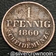 Hannover German State 1 Pfennig 1860 B. KM#233. Copper One Cent coin. Georg V.