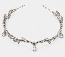 Silver Metal Leaf Rhinestone Headband Tiara w/ Clear Teardrop Crystal Dangle