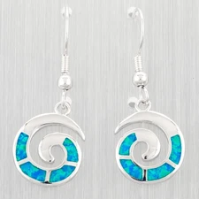 Spiral Shape Ocean Blue Fire Opal Silver Jewelry Dangle Drop Earrings