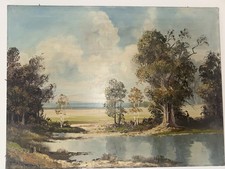 Altes Ölgemälde Leinwand Landschaft Birken See Fluss Signiert Impasto Modern