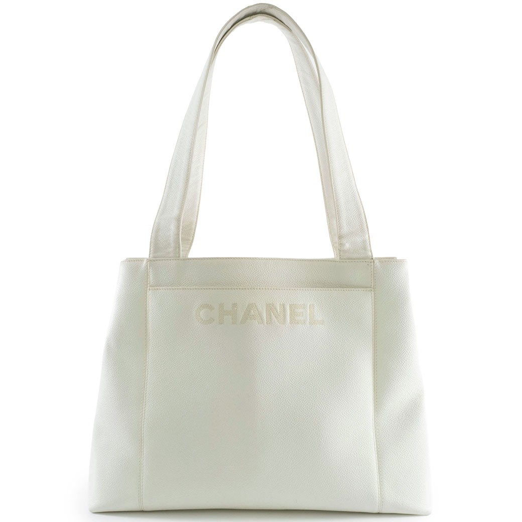 Chanel Caviar Leather Logo Shoulder Bag Tote Bag White A4 Size Used Reuse-image