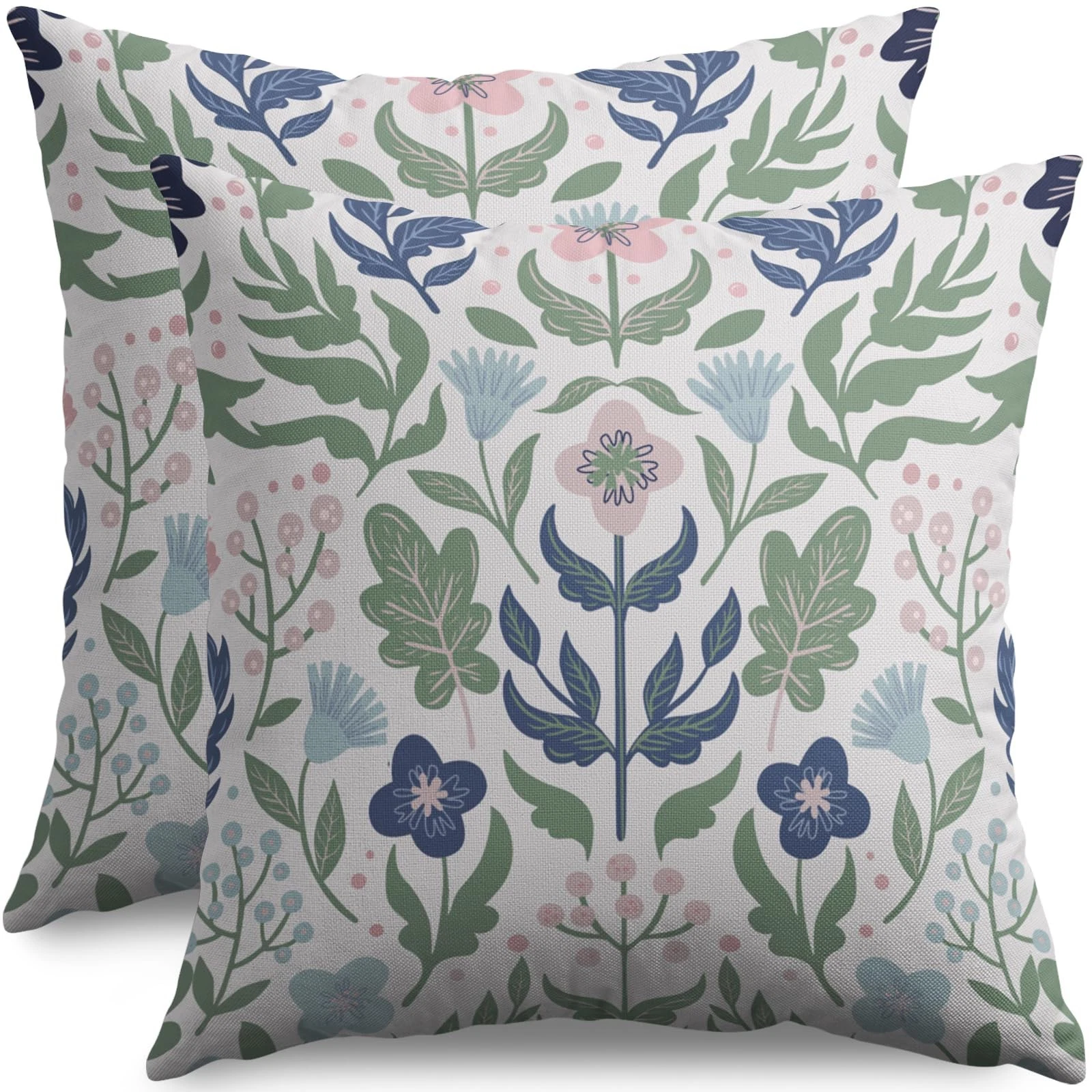 Blue Green Floral Pillow Covers 18x18 Set of 2 Spring Summer Navy Pink Flower...