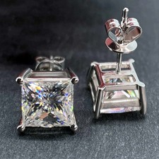 925 Silver Princess  Shape 7.00Cts. Certified White Diamond Studs - Tariffs Free