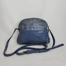 Hobo International Blue Distressed Leather Crossbody Purse Dome Top Zip Bag