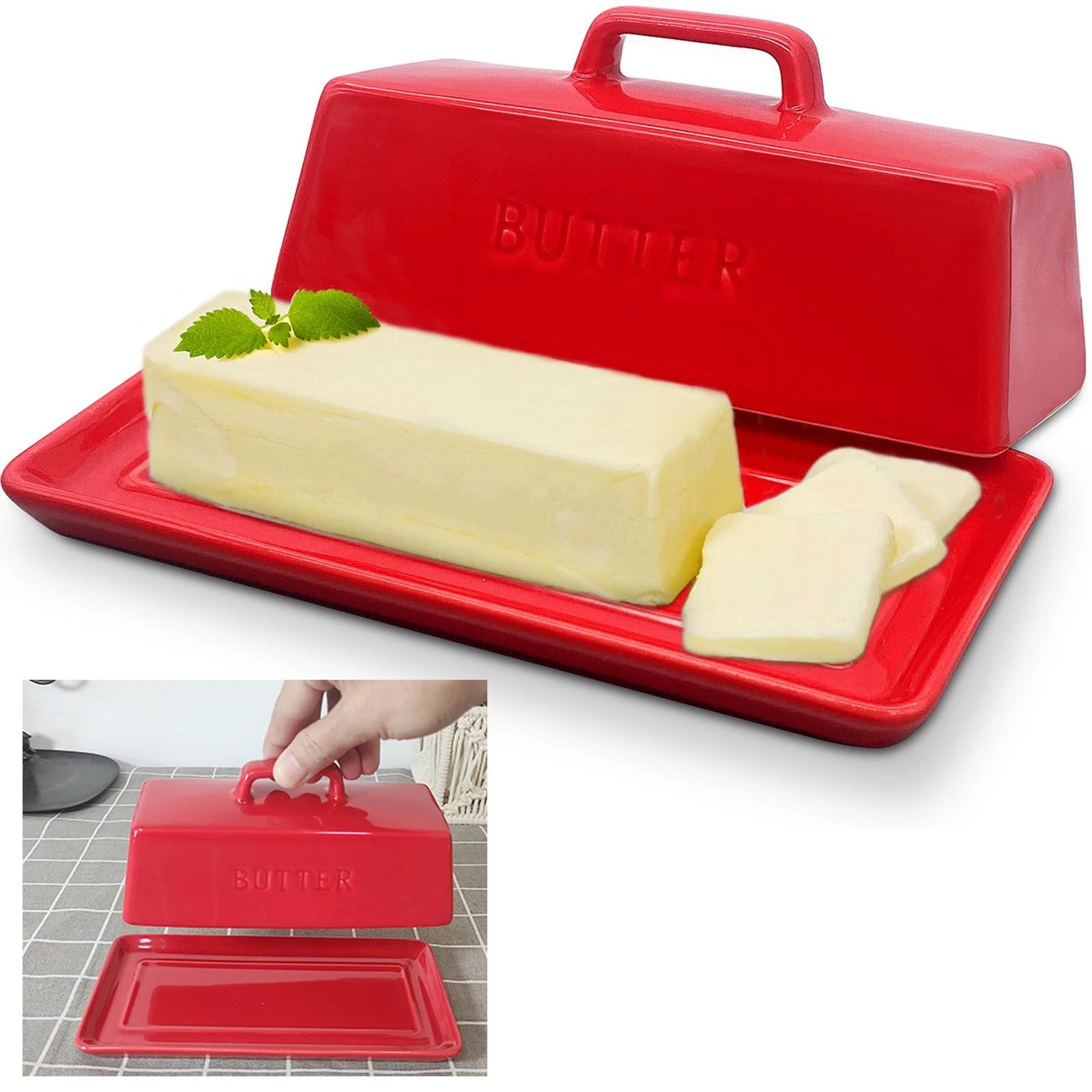 Gute Butter Dish with Lid for Countertop, Covered Ceramic Butter Dish, Red