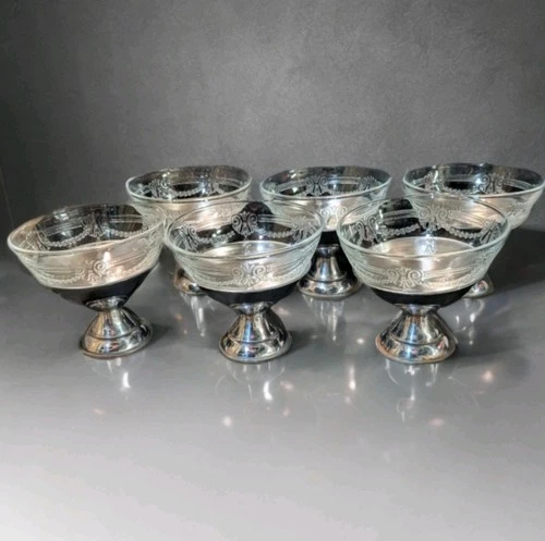 Antique Depression Era Etched Glass Desert Cups w/ Bows & Pewter Base, Set of 6