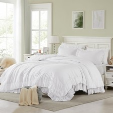White Queen Comforter Set 3Pcs Ruffle Comforters Queen/Full Size Farmhouse Bedd